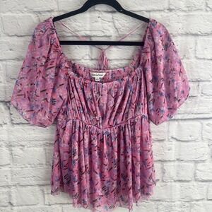 Davi & Dani NWT Cottage Core Romantic Pink Floral  Puff Sleeve Blouse Size Large